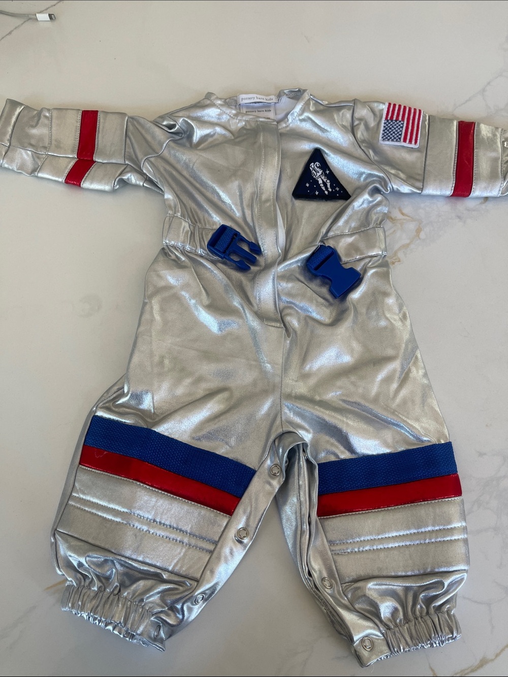 Pottery Barn Kids Silver Astronaut Jumpsuit with Red & Blue Trim